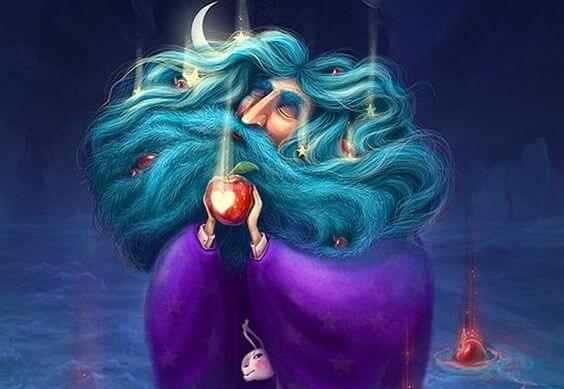 old man with blue hair holding heart