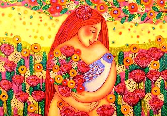 woman with flowers and bird