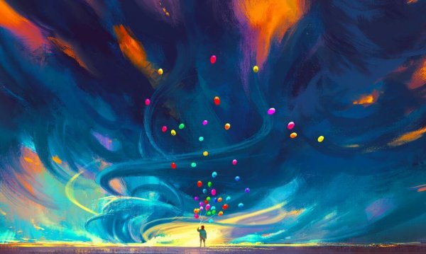 balloons flying into colorful sky