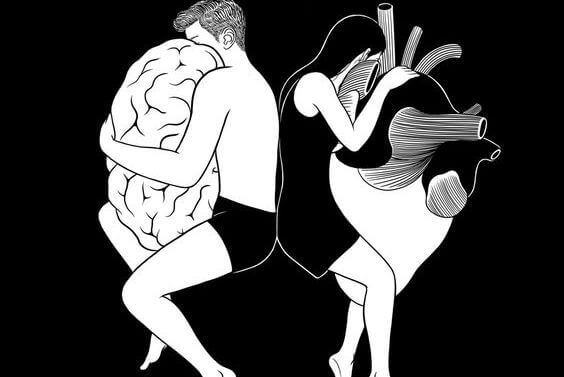 man hugging brain and woman hugging heart