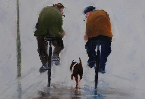 men riding bikes with dog