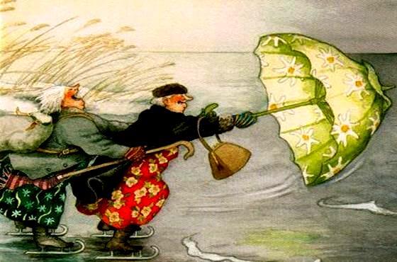 old women using umbrella as kite