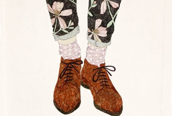 brown shoes and floral pants