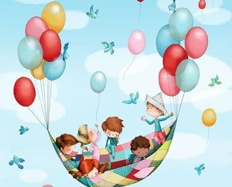 kids flying on a blanket help up by balloons