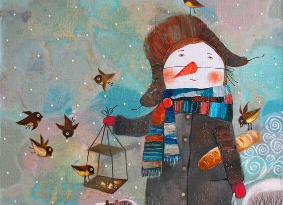 snowman and birds