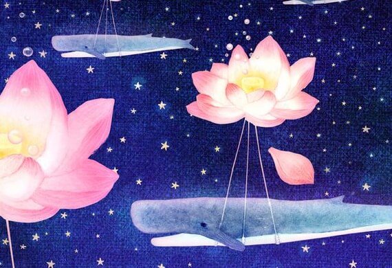whales being held up by flowers
