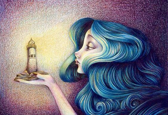 woman with blue hair holding lighthouse
