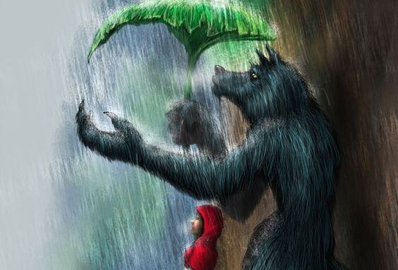 big bad wolf holding umbrella for riding hood