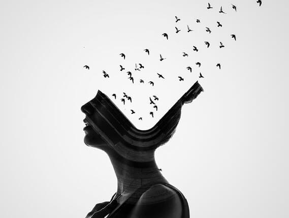 birds flying out of a womans head