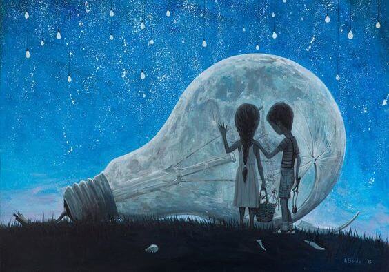 kids with giant lightbulb