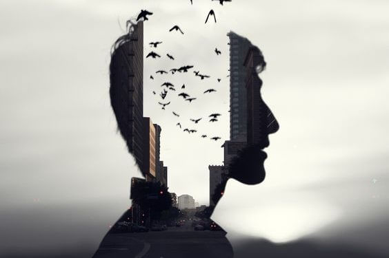 man with birds in his head