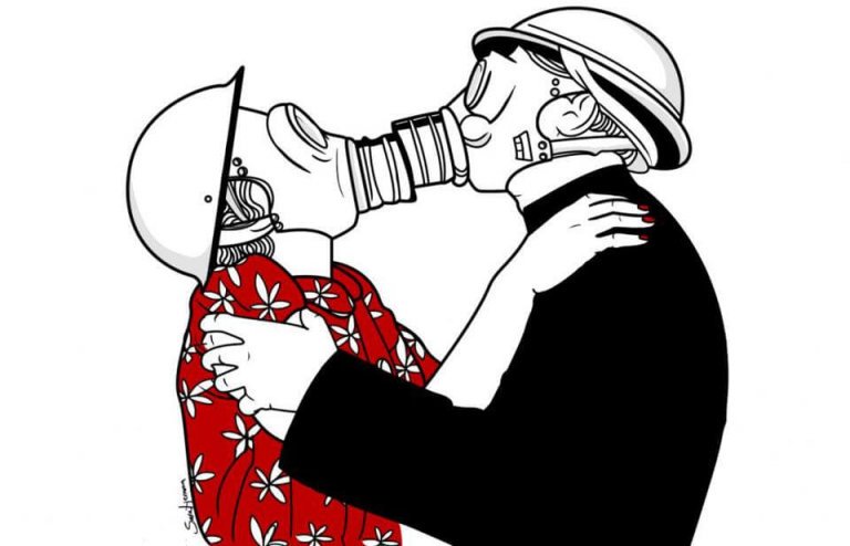 people with gas masks kissing