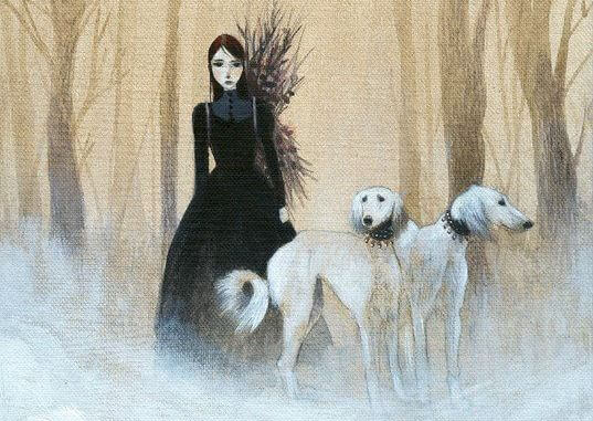 sad woman and two dogs