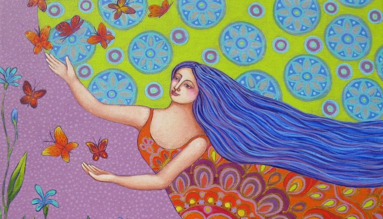 woman with blue hair and butterflies