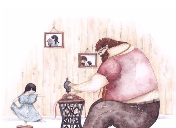 father sewing a dress for his daughter