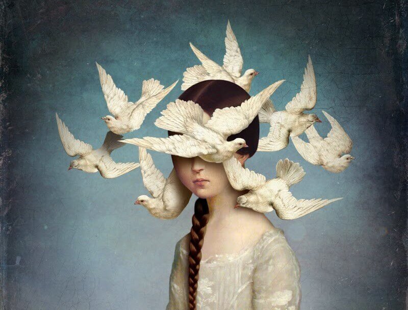 girl with birds circling head
