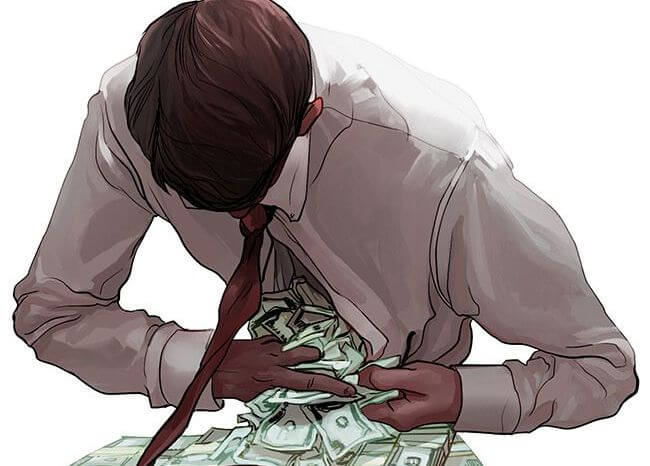 A man with money coming out of his shirt.