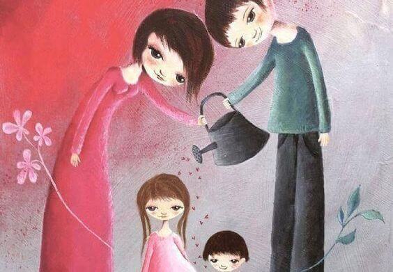 Two parents are showering their children with love.