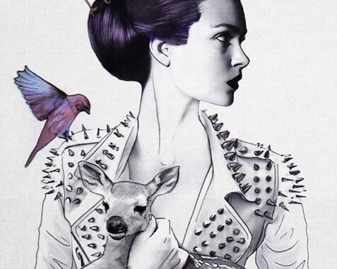 A woman in a spiky jacket is hugging a deer, be yourself