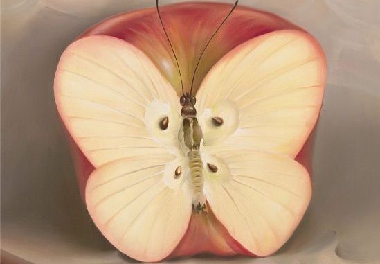 an apple in the shape of a butterfly