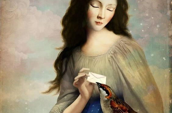 Gossips: a beautiful woman giving a bird a letter.