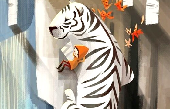 kid dreaming with a white tiger