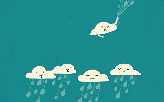 sad clouds with rain and a happy cloud with balloons