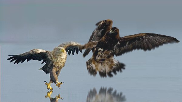 an eagle and a falcon flying together