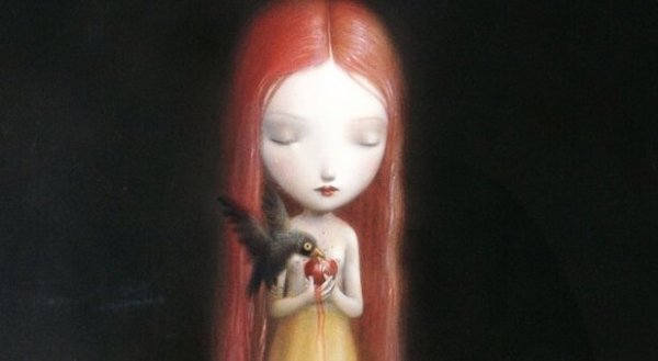 sad girl holding apple with bird eating it