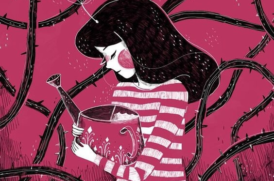 a sad girl with a watering can and thorns