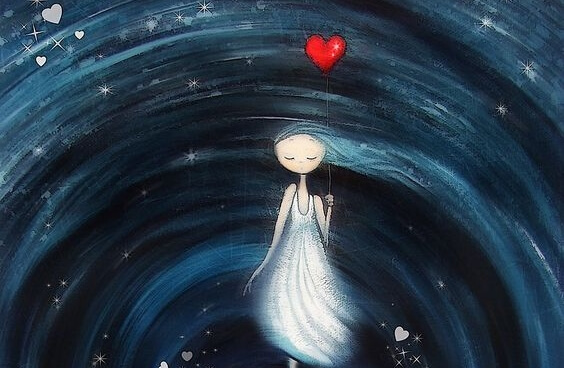 girl holding heart balloon in the whirlwind of life