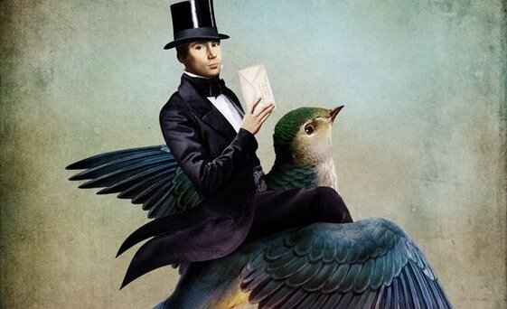 A man holding an envelope is riding a giant bird.