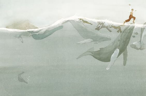 A man is running on water above whales.