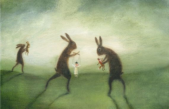 giant rabbits holding human puppets