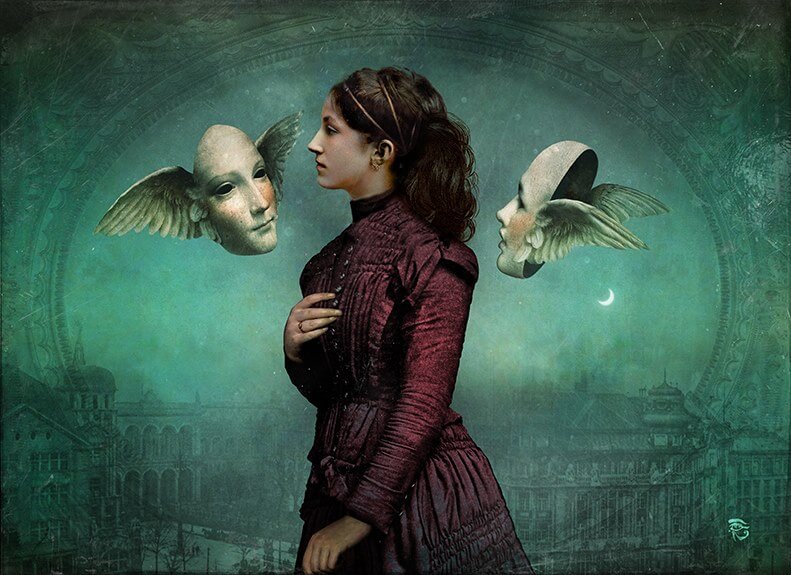 A Victorian woman with winged masks.