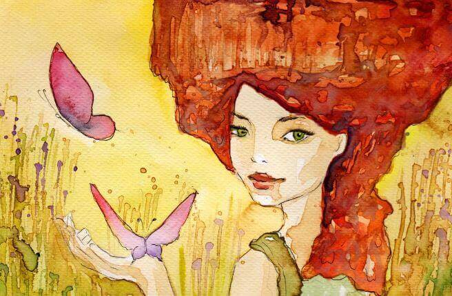 Woman with a glass jar and butterflies, depicting what you surrender to makes you who you are.