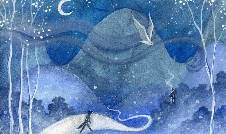 A sad blue landscape at night.