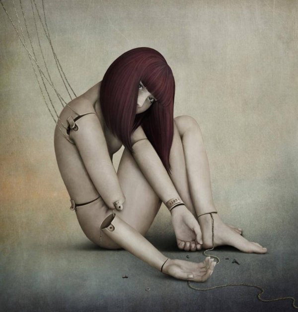 A broken marionette, a picture of anuptaphobia.