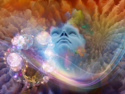 a colorful scene with a face looking up