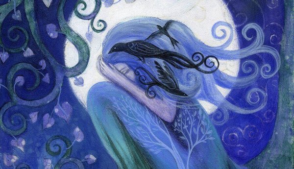 a sad girl hiding in the forest with birds