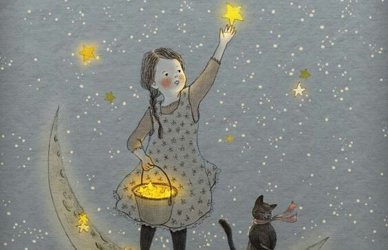 a little girl collecting stars from the sky and putting them into her bucket