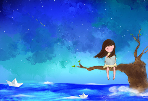 a highly intuitive girl sitting on a branch over the sea