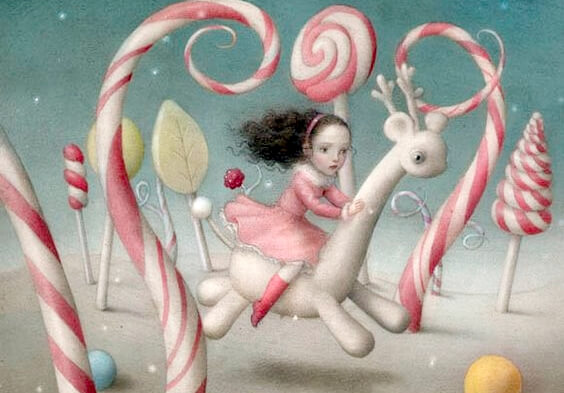 a little girl in a fantasy world with candy