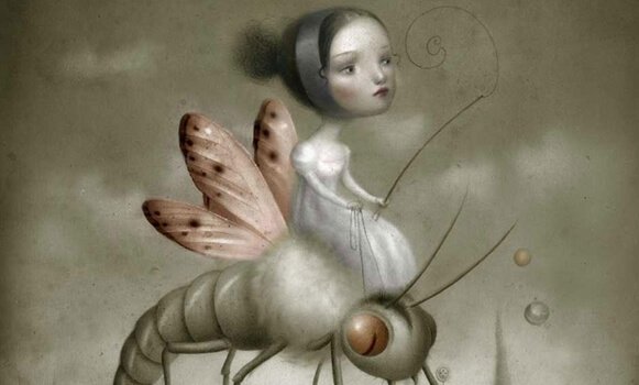 a girl in a fantasy world riding an insect with wings