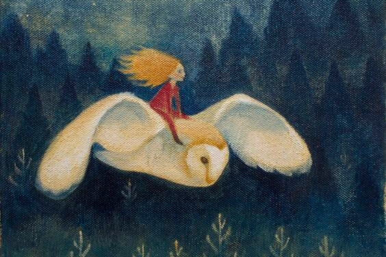 a girl riding an owl through time