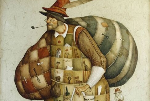 a man carrying two big sacks smoking a pipe