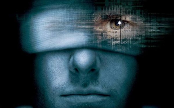 a man with a blindfold on seeing through one eye