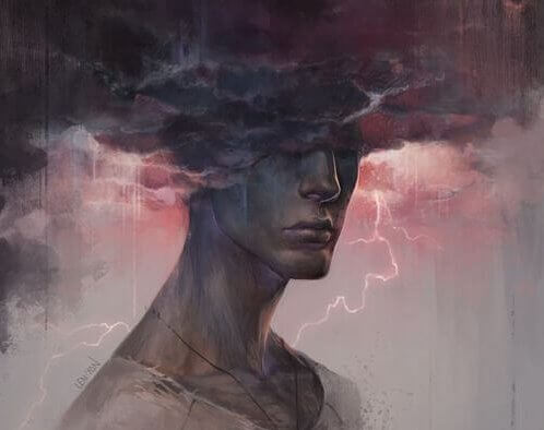 a man with a dark cloud over his head