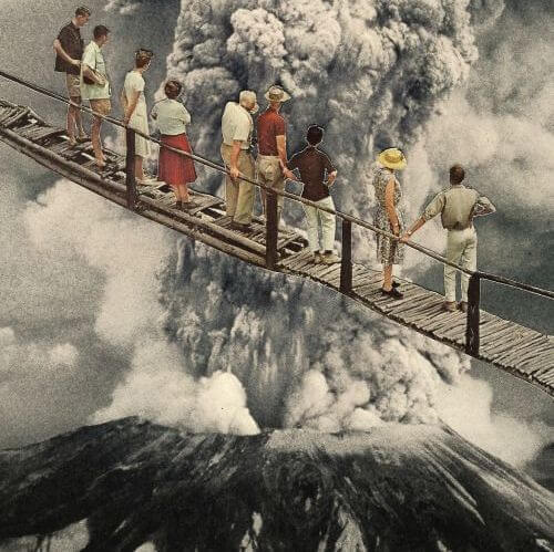 People standing on a bridge, tourists, watching a volcano erupt.