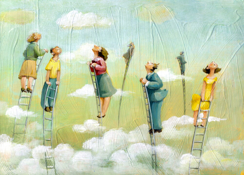 people on ladders looking up at the sky